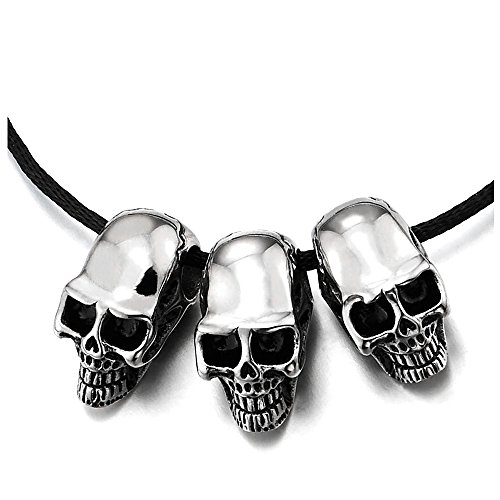 【中古】【未使用・未開封品】3つSmall Skullsペンダントネックレスメンズレディース,スチールPolished withブラックコットンコード