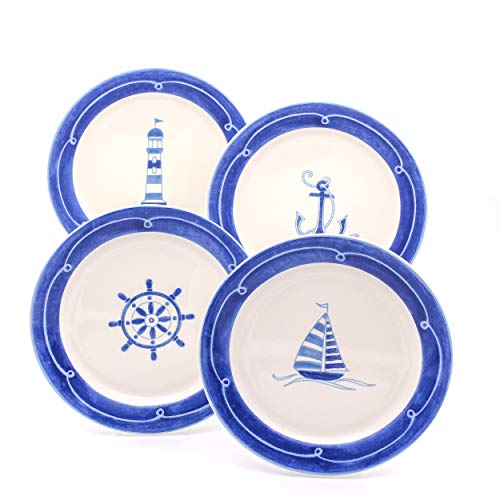 【中古】【未使用・未開封品】Euro Ceramica Ahoy Collection ノーティカル 8.7インチ セラミックサラダ/デザートプレート 4枚セット アソートデザイン ブルー&ホワイト｜AJIMURA-SHOP