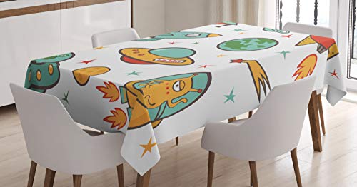 【中古】【未使用・未開封品】Ambesonne 宇宙テーブルクロス 宇宙ロケット 宇宙船 UFO 惑星 宇宙 土星 銀河 長方形テーブルカバー ダイニングルーム キッチン装飾 60インチ x