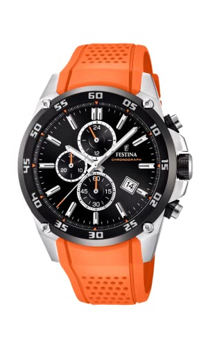 【中古】【未当てはめる・未開封品】Festina \u0027The Originals Collection\u0027 メンズクォーツウォッチ 黒いこと文字盤 クロノグラフディスプレイ オレンジラバーストラップ F20330/4