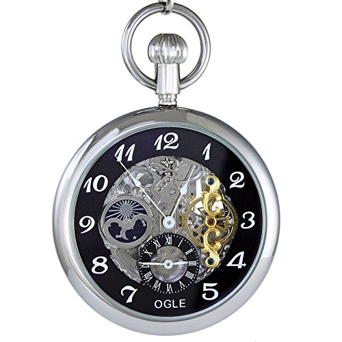 【中古】【未使用・未開封品】Ogle 3気圧防水 Lサイズ スケルトン ヴィンテージ ステンレススチール ムーンフェーズ ダブルタイムフォブ 自動巻き スケルトン 機械式懐中時計｜AJIMURA-SHOP