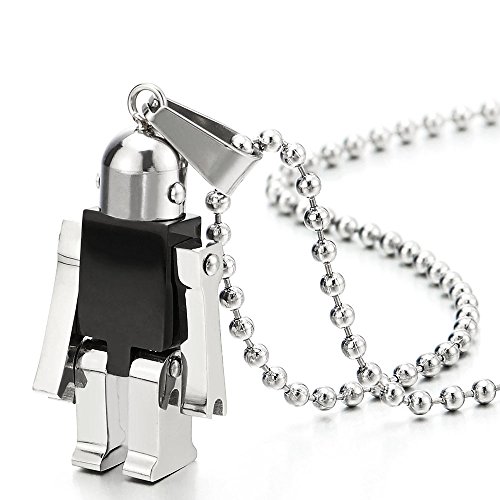 【中古】【未使用・未開封品】Moving Robot Pendant Necklace for Men Women Stainless Steel Black Silver with 60cm Ball Chain