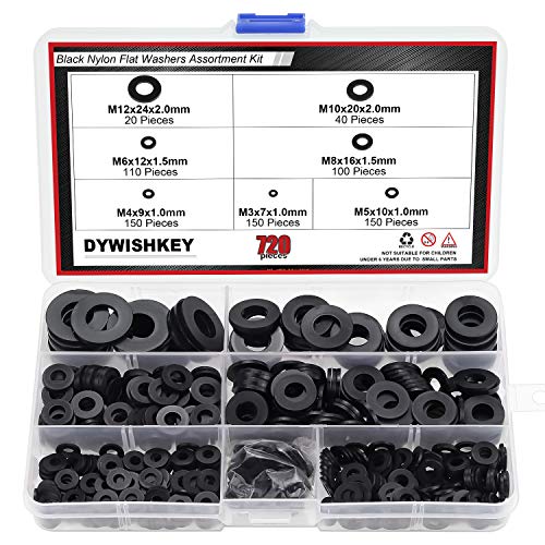 【中古】【未使用・未開封品】DYWISHKEY 720個 7サイズ ブラックナイロンフラットワッシャー詰め合わせキット (M3 M4 M5 M6 M8 M10 M12)