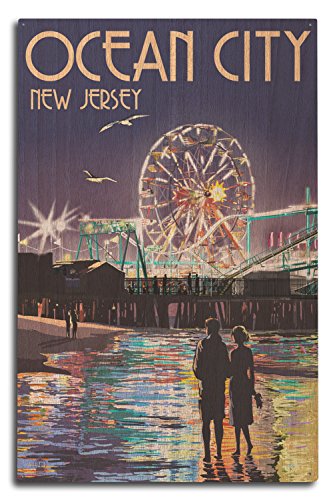 【中古】【未使用・未開封品】Ocean City、新しいジャージー???Pier and Rides at Night 10 x 15 Wood Sign LANT-48112-10x15W