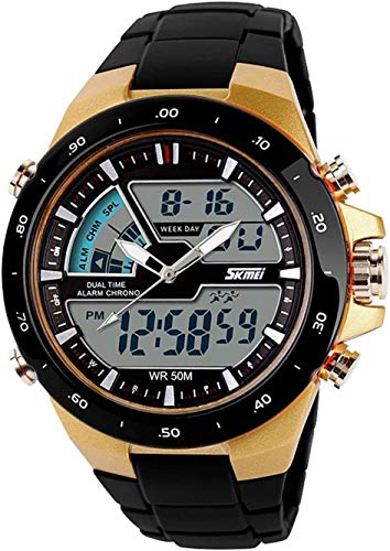 【中古】【未使用・未開封品】メンズ アナログ デジタル 50m 防水 スポーツウォッチ ミリタリー 多機能 ストップウォッチ アラーム バックライト ゴールドウォッチ, 0_Gold,