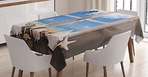【中古】【未使用・未開封品】ビーチインテリアテーブルクロスby Ambesonne、夏Holiday wih貝殻ヒトデPalm Tree Ocean印刷、ダイニングルームキッチン長方形テーブルカバー、 26,033円