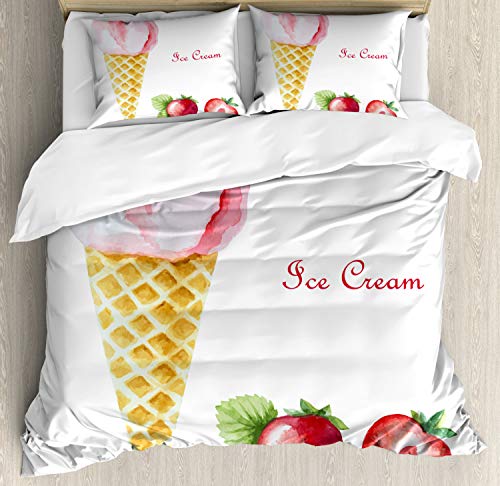 【中古】【未使用・未開封品】Iceクリームインテリア布団カバーセットby Ambesonne、水彩Strawberry Flavor夏キッズ用ガールズYummyアートワーク、装飾寝具セットwithピロー、