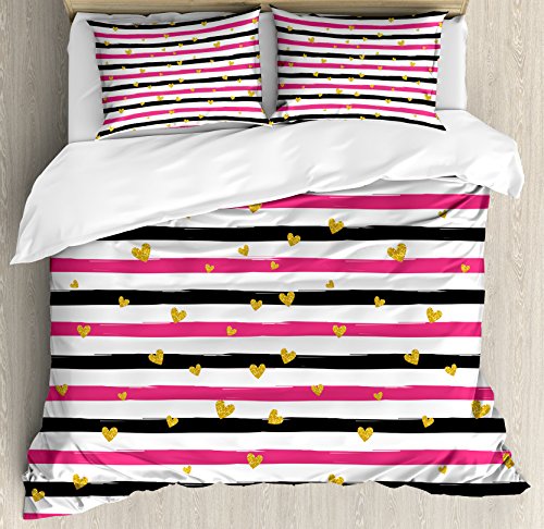 【中古】【未当て嵌める・未開封品】(QUEEN / FULL, Multi 1) - Gold and White Queen Size Duvet Cover Set by Ambesonne, Romantic Teenager Love Sign Hearts on Grunge Stripes 家電-その他