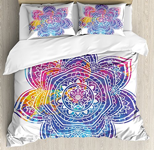 【中古】【未使用・未開封品】Lotus布団カバーセットby Ambesonne、水彩Stylized Vivid Mandalaエスニックトライバルアラベスクアートワーク、装飾寝具セットwithピロー、バイ