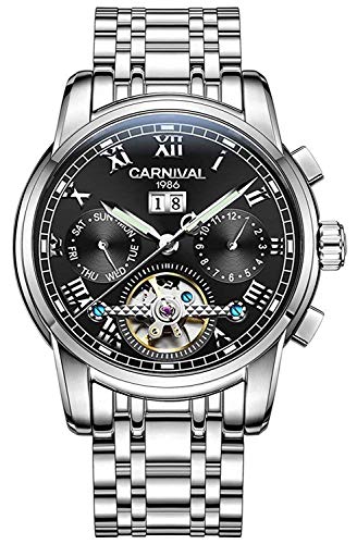 【中古】【未使用・未開封品】CARNIVAL メンズ トゥールビヨン 自動機械式腕時計 シルバーステンレススチール 多機能ブルーウォッチ, シルバー/ブラック, 自動巻き。｜AJIMURA-SHOP