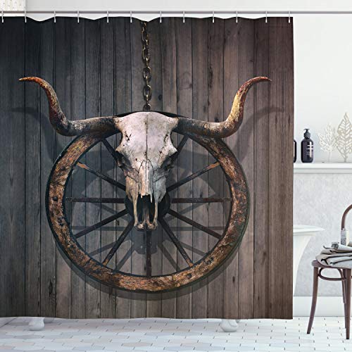 【中古】【未使用・未開封品】バーンウッドワゴンホイールシャワーカーテンby Ambesonne、ロングHorned Bull Skull And Old Westワゴンホイール素朴な壁、ファブリック上バス｜AJIMURA-SHOP