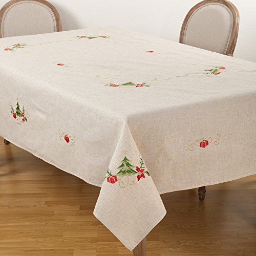 【中古】【未使用・未開封品】SARO LIFESTYLE 刺繍入りクリスマスツリーデザイン リネンブレンドテーブルクロス 67\" x 104\" ブラウン 1710.N67104B