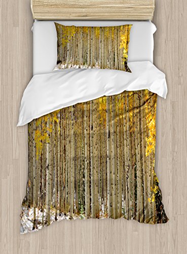【中古】【未使用・未開封品】ファームHouse装飾布団カバーセットby Ambesonne、Aspen Trees with Golden Leaves In Snow Forest in Early Winter Time Landscape、装飾寝具セ