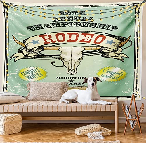 【中古】【未使用・未開封品】Westernタペストリーby Ambesonne、レトロスタイルロデオChampionshipポスターBull Skull Large Horns withバナーGrungy、壁吊り下げ寝室リビン