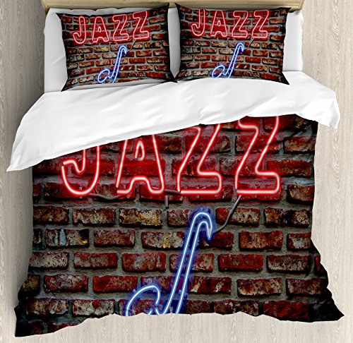 【中古】【未使用・未開封品】ジャズ音楽インテリア布団カバーセットby Ambesonne、イメージのネオンすべてJazz Sign withサックスonレンガ壁印刷デザインインテリア、装飾寝|AJIMURA-SHOP