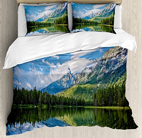 【中古】【未使用・未開封品】湖の家インテリア布団カバーセットby Ambesonne、Pure Mountain Lake Scenery with Trees and Cloudy Sky Nature Look印刷、装飾寝具セット枕、｜AJIMURA-SHOP