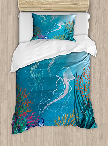 【中古】【未使用・未開封品】水族館布団カバーセットby Ambesonne、芸術的Jellyfishes水泳under the sea coral reef植物Oceanic Fauna、装飾寝具セット枕、ブルーピンクオレ