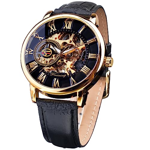 【中古】【未使用・未開封品】FORSINING メンズ スケルトンウォッチ スチームパンクウォッチ ブラック 機械式腕時計 メンズ ミニマリスト レトロデザイン 機械式スケルトン腕
