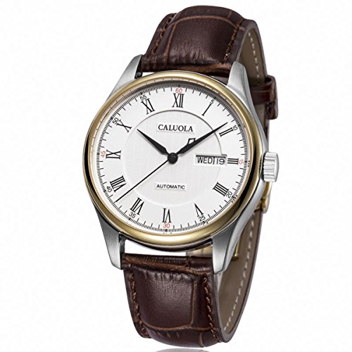 【中古】【未当てはめる・未開封品】CALUOLA自動小銃メンズウオッチ商行為Watches with day-dateファッションレザーストラップウォッチca1092?m 1092-LE-SS-YG-white