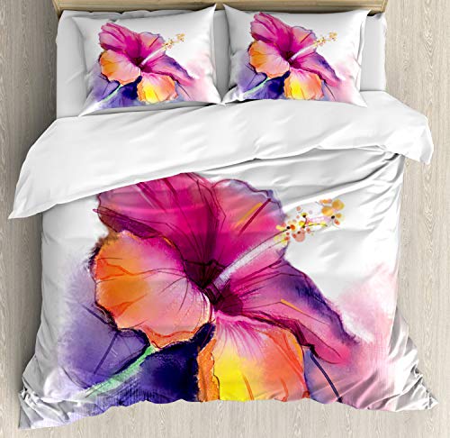 【中古】【未使用・未開封品】(FULL / QUEEN, Multi 1) - Watercolour Flower Home Decor Duvet Cover Set by Ambesonne, Hibiscus Flower in Pastel Abstract Romantic Petal