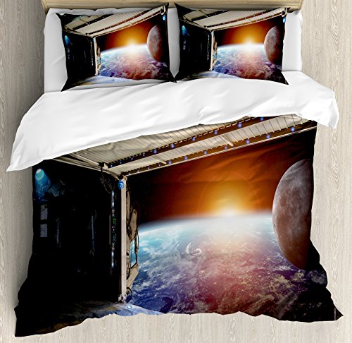 【中古】【未使用・未開封品】Outer Space Decor布団カバーセットby Ambesonne、地球からシーンAスペースPlane RunwayゲートGlobe Galaxy up to星画像、装飾寝具セットwithピ