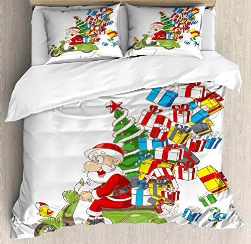 【中古】【未当てはめる・未開封品】クリスマス布団覆いかぶせる書き割りby Ambesonne、赤ちゃんサンタon自動二輪車スクータwith天然木と差し上げ物面白可笑しいポンチ絵の鳥、かざり付ける寝具書き割りwithピロー、ホワイ