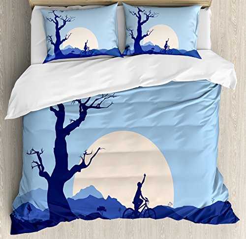 【中古】【未使用・未開封品】アパートインテリア布団カバーセットby Ambesonne、Rising Moon in abandoned Forest With Trees And A Boy Cycling Bikeイメージ、装飾寝具セッ