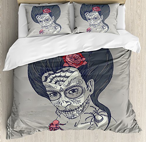 【中古】【未使用・未開封品】Day of the Deadインテリア布団カバーセットby Ambesonne、Dia De Los Muertos Skull Girl with Rosesイメージ印刷、装飾寝具セットwithピロー、