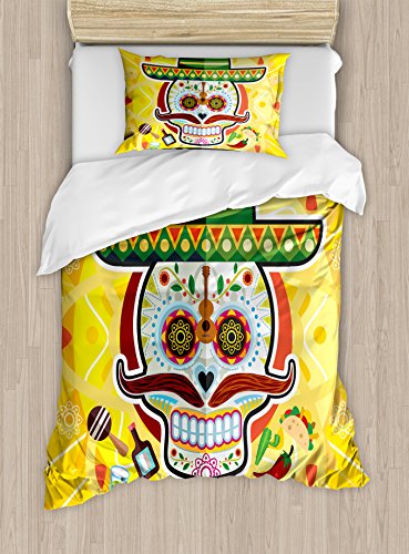 【中古】【未使用・未開封品】Day of the Deadインテリア布団カバーセットby Ambesonne、メキシコシュガースカルwith Tacos and Chili Pepper 11月2?ndカラフルアート、装飾