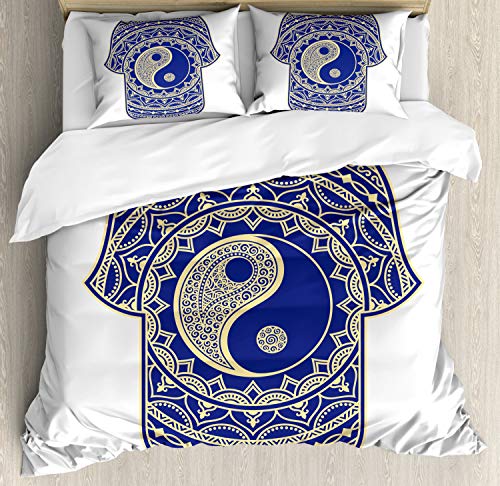 【中古】【未使用・未開封品】Hamsa布団カバーセットby Ambesonne、芸術的シンボルで日本スタイルwith Ying Yang Sign Spiritual Mysticism禅、装飾寝具セットクリームwithピ