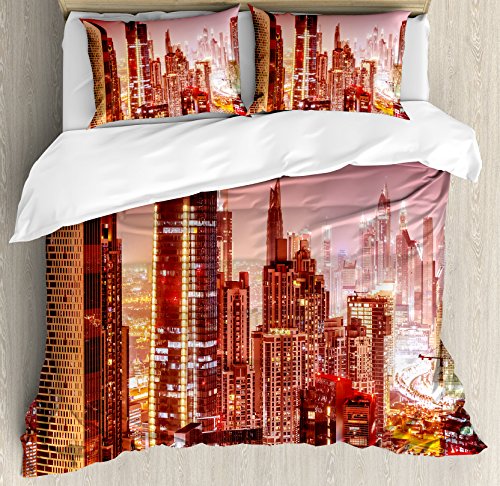 【中古】【未使用・未開封品】都市景観布団カバーセットby Ambesonne、Dubai At Night Glowingライトと都市景観のTall超高層ビルパノラマ画像、装飾寝具セットwithピロー、ピ
