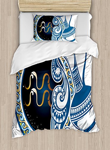 【中古】【未使用・未開封品】Zodiacインテリア布団カバーセットby Ambesonne、イメージのAquarius Sign with Jug and円形Globe世界フォームon背景、装飾寝具セット枕、ブルー