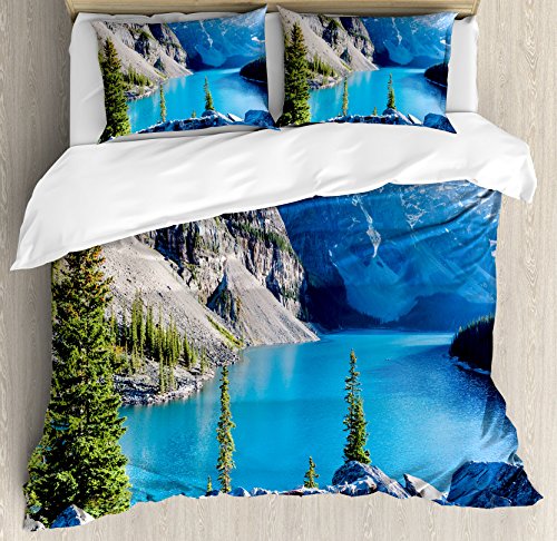 【中古】【未使用・未開封品】Nature布団カバーセットby Ambesonne、Moraine Lakeバンフ国立公園カナダ山Pines Valley of the Tenピーク、装飾寝具セット枕、ブルーグリーング