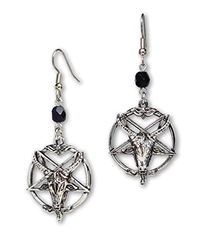 【中古】【未使用・未開封品】Baphomet 悪魔のヤギの頭 逆五芒星 シルバー仕上げ ダングルピアス
