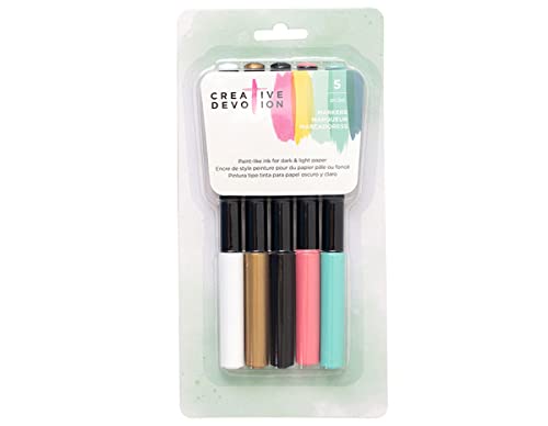 【中古】【未使用・未開封品】Creative Devotion Opaque Medium Tip Markers 5/Pkg-White, Gold, Black, Pink & Mint -CD342596