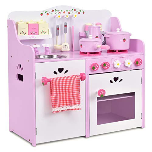 【中古】【未使用・未開封品】Costzon 子供用キッチンプレイセット 木製ピンクストロベリーテーマ おままごとセット 調理器具13点付き リアルなサウンド 鍋 フライパン シンク｜AJIMURA-SHOP