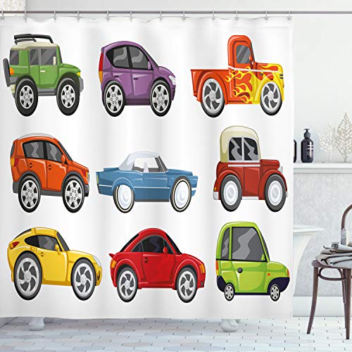 【中古】【未使用・未開封品】男の子の部屋のシャワーカーテンでlunarable、Race Cars Monster Truck Classics UrbanジープArtistic速度Automobiles印刷、ファブリックバスル画像