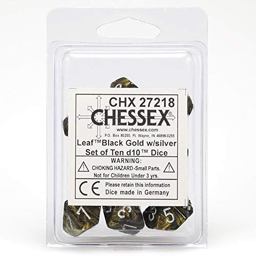 【中古】【未使用・未開封品】Chessex Manufacturing 27218 D10 Clamshell Set Of 10 Dice - Leaf Black & Gold With Silver Numbering
