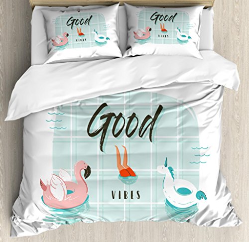 【中古】【未使用・未開封品】Good Vibes布団カバーセットby Ambesonne ,ピンクFlamingo andユニコーンブイリングで水泳プールSummertime Fun薄緑、装飾寝具セットwithピロー