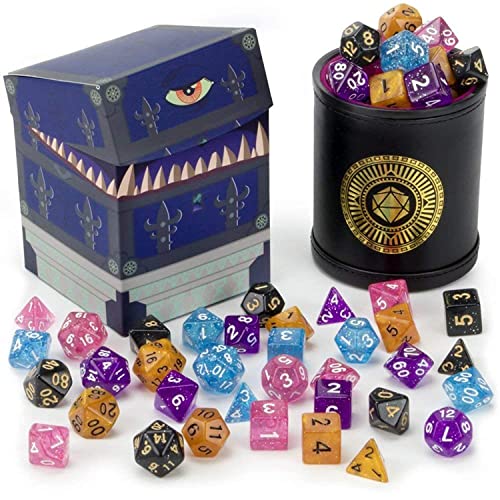 【中古】【未使用・未開封品】Cup of Wonder: 5 Sets of 7 Premium Glitter Polyhedral Role Playing Gaming Dice for Tabletop RPGs with Black Bicast