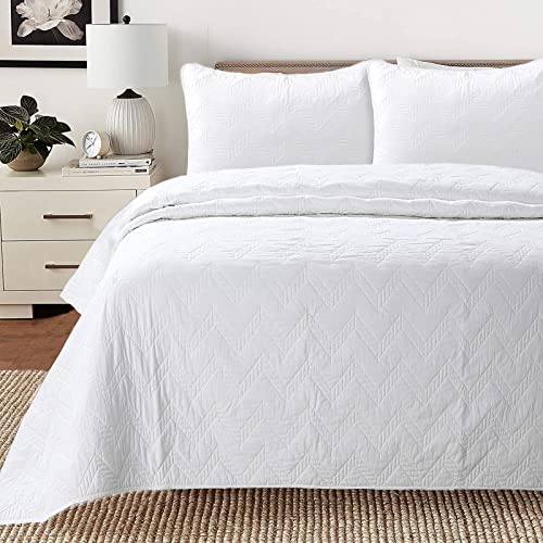 【中古】【未使用・未開封品】Cozy Line Home Fashions 幾何学模様 モダン ジグザグステッチ 無地 ホワイト 綿100%キルト寝具セット ベッドカバー ベッドカバー 軽量 オールシ