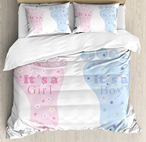 【中古】【未使用・未開封品】Gender Reveal布団カバーセットby Ambesonne、ベビーFootprints and Floral BlossomsハートアイコンStars and Surprise、装飾寝具セットwithピロ