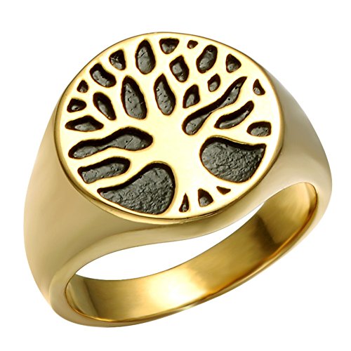 【中古】【未使用・未開封品】sinleoメンズステンレススチールヴィンテージTree of Life Signetリングシルバーゴールドトーン高光沢