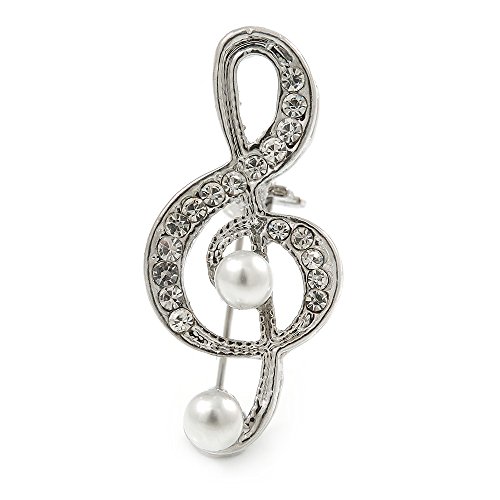 【中古】【未使用・未開封品】小さなクリスタル、人工パールTreble Clef Musicalブローチinシルバートーン???35?mm L