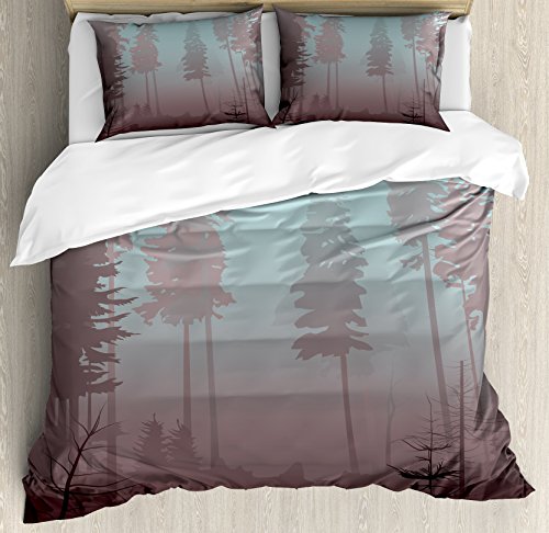 【中古】【未使用・未開封品】フォレスト布団カバーセットby Ambesonne , Early Morning In Mysterious Woods with Heavyフォグconiferous木、装飾寝具セットwithピロー、Pale