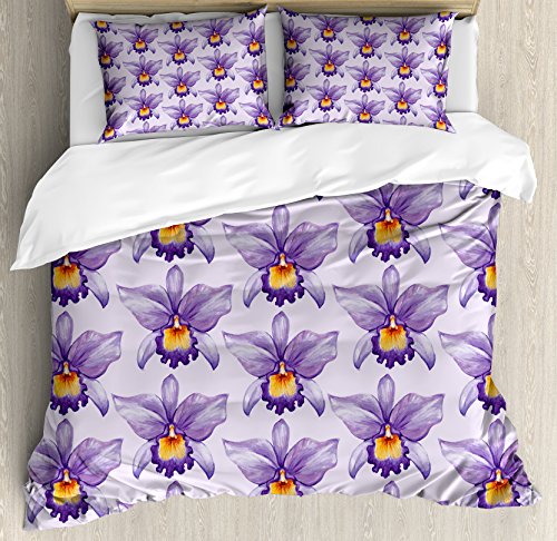 【中古】【未使用・未開封品】パープル布団カバーセットby Ambesonne、トロピカルOrchid Flowers in水彩スタイルハワイアンNature Inspirations、装飾寝具セットwithピロー、L