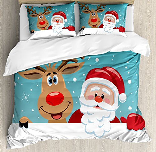【中古】【未使用・未開封品】サンタ布団カバーセットby Ambesonne、かわいいRudolph鹿とサンタクロース新しい年GreetingをHappilyで漫画スタイル、装飾寝具セット枕のカバー