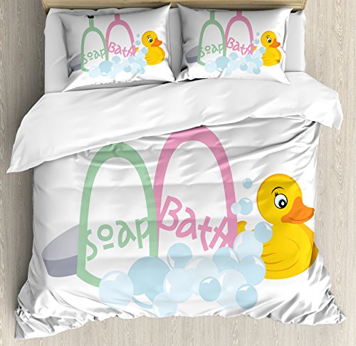 【中古】【未当て嵌める・未開封品】Duckies布団押しかぶせる仕掛けるby lunarable、石ケン瓶with Rubber Bath Toy Illustrationポンチ絵スタイルベビーバスタイム刷り上げる、かざり付ける寝具仕掛ける枕の