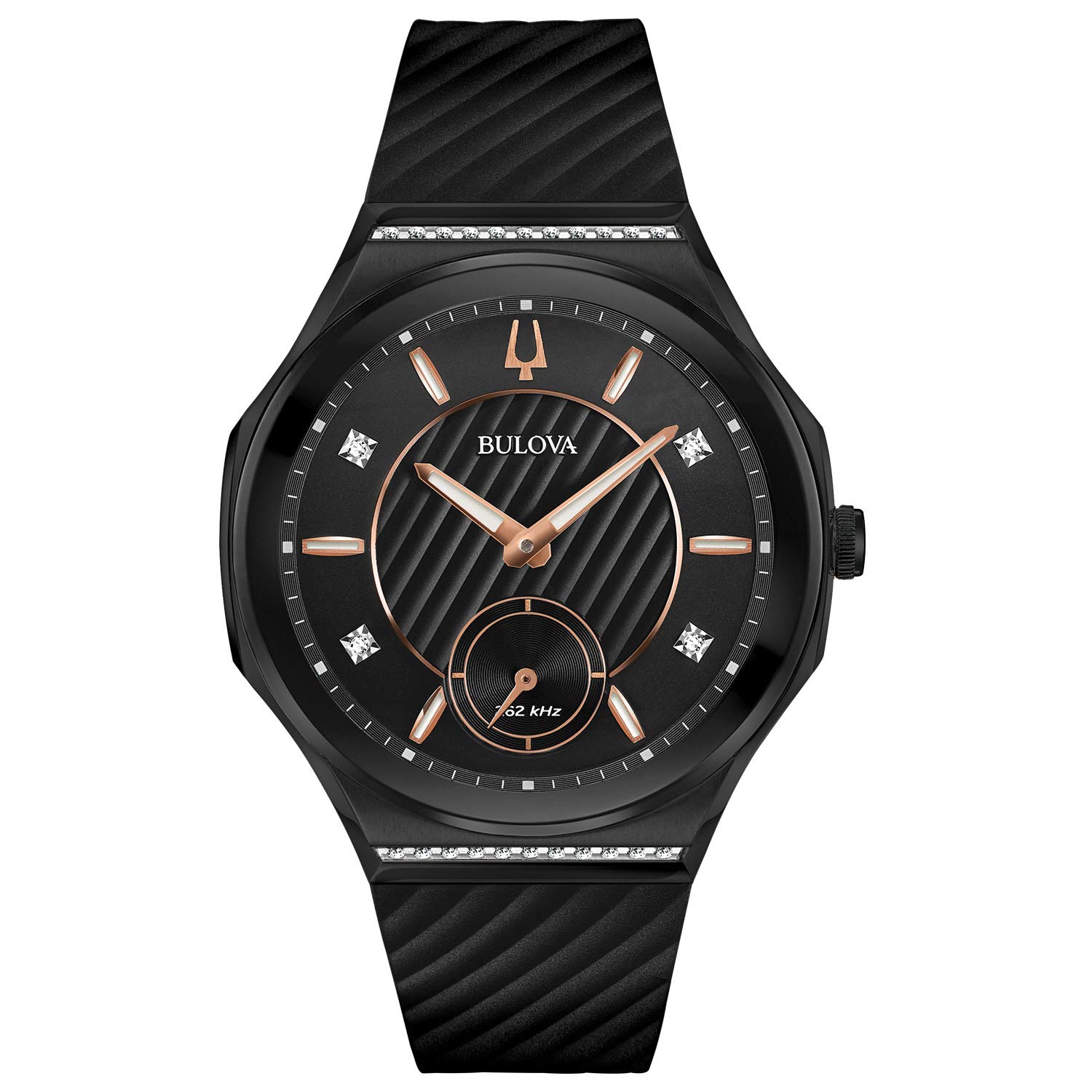 【中古】【未使用・未開封品】Bulova レディース カーブダイヤモンド クォーツ ラバーストラップウォッチ, ブラック/ブラックの文字盤。, カーブ｜AJIMURA-SHOP