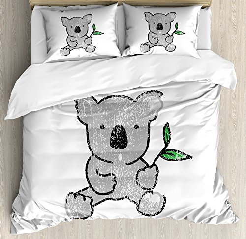 【中古】【未使用・未開封品】コアラ布団カバーセットby lunarable、ベビーBear with a couple of Leaves in its図面、装飾寝具セットwithピロー、手アニメスタイルPale Grey